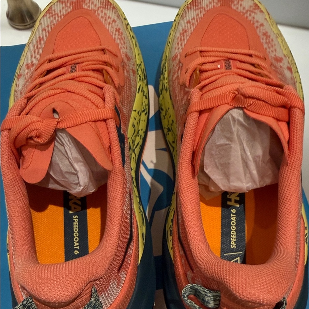 Hoka Women's Trail Runner in Coral and Yellow with Navy Accents - Picture 8 of 11